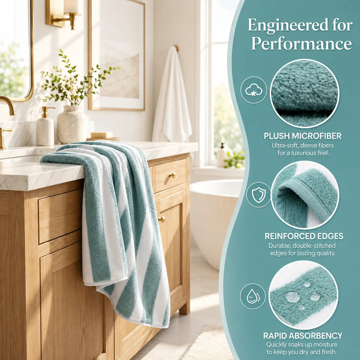 9-Piece Ultra Absorbent Towel Set, Lint-Free & Super Soft Two-Tone Striped Bath Towel Collection, Premium Microfiber Bathroom Towel Set Includes 2 Bath Towels, 4 Face Towels & 3 Hand Towels, Suitable for Bathroom, Spa & Hotel Use